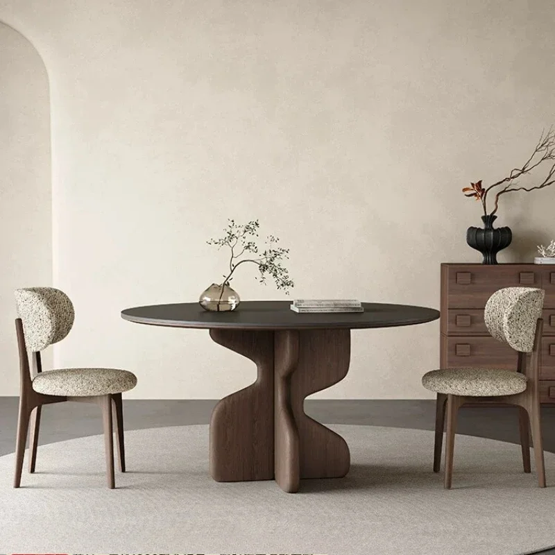 Medieval solid wood dining table round modern simple matte rock slab round tableTJ
