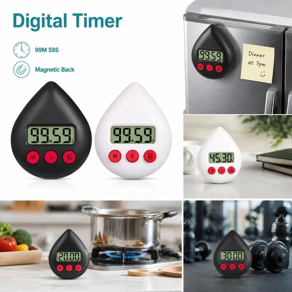 New Plastic Digital Timer LCD Display Droplet Shape Countdown Timer Audible Alert Button Control Cooking Timer Study Time