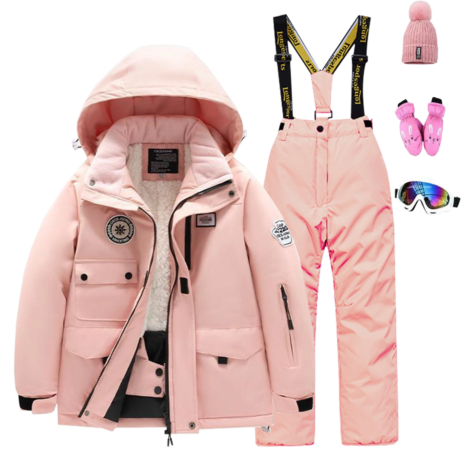 Children's Snowboarding Wear Girls Boys Snowsuits Fleece Hooded Jacket with Bib Pants Warm 2-Piece Kids Skiing Suits for Winter