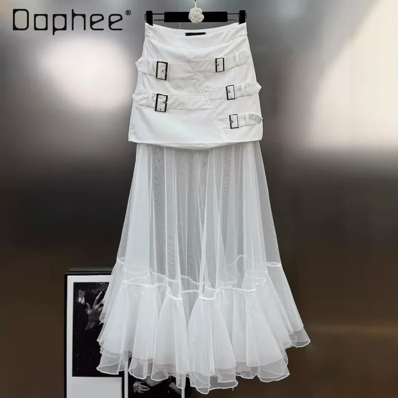 

Autumn New Fashion High-Waist Slim Mid-Length Mesh Skirt Women Trendy Street Sexy Splicing A-line Skirts Hot Girl Black Skirt