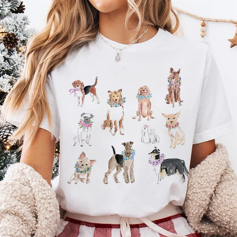 Cute Animal Print Flower Pattern T-Shirt Round Neck Women's Basic Top Cartoon Women's Versatile Casual Style Popular T-Shirt