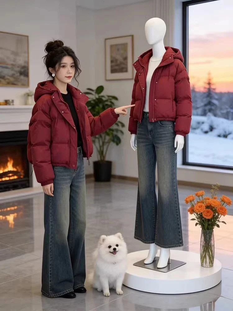 

Red Wine Color Hooded Thiened Cotton Jaet Women's Winter New Sle ort Size Small Cotton Coat Korean Version Loose Fit