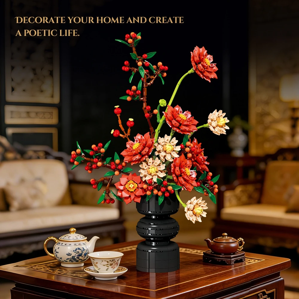 MOC Red Fantasy Dahlia Epiphyllum Bonsai Plants Building Blocks Set New Year Celebration Flower Style Toys Family Holiday Gifts