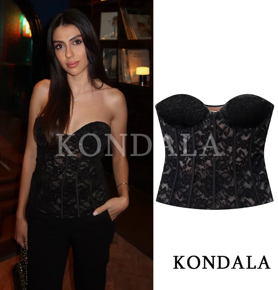 Top sin Tirantes de Encaje Sexy para Mujer KONDALA, Top Tubo Elegante de Moda Urbana, Top Ajustado para Primavera 2026, Tops Románticos para Cenas y Citas