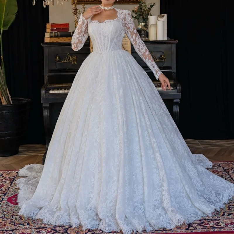 

Luxury White Dubai Arabic Mermaid Wedding Dresses Lace Applique Tull A-Line Long Sleeves Court Train Wedding Dress Bridal Gowns