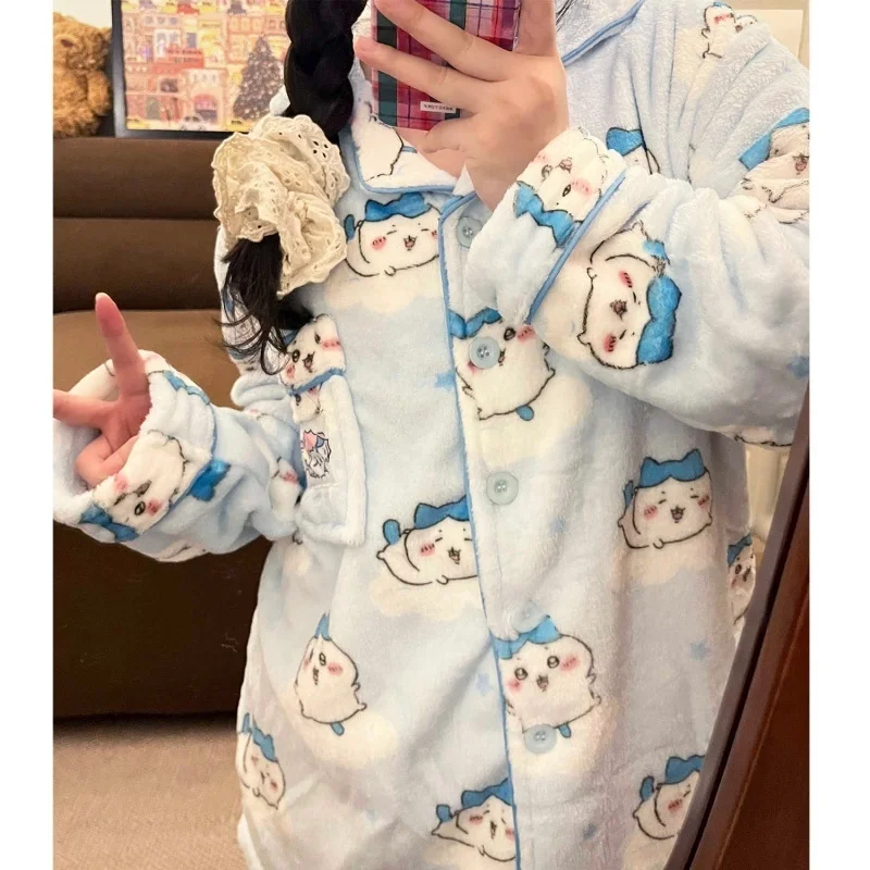 Chiikawa Hachiware منامة مجموعة أنيمي Usagi الفانيلا ملابس خاصة السراويل لطيف المرأة شتاء دافئ بيجامة ملابس المنزل هدية الكريسماس #4
