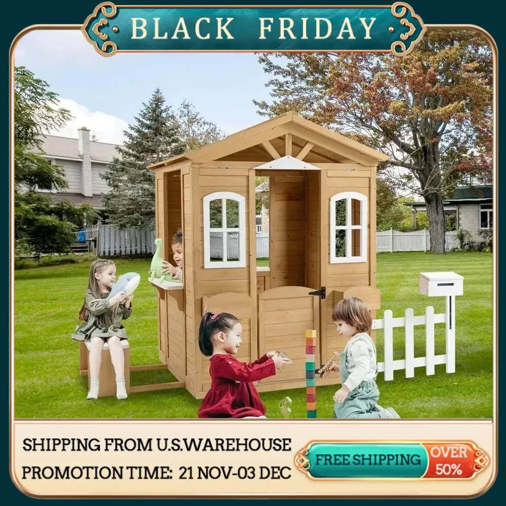 Playhouses, Outdoor Playhouse for Age 3-6 Years Boys Girls,Wood Cottage Playhouse w/Mailbox Bench Door Windows Flowerpot Holders