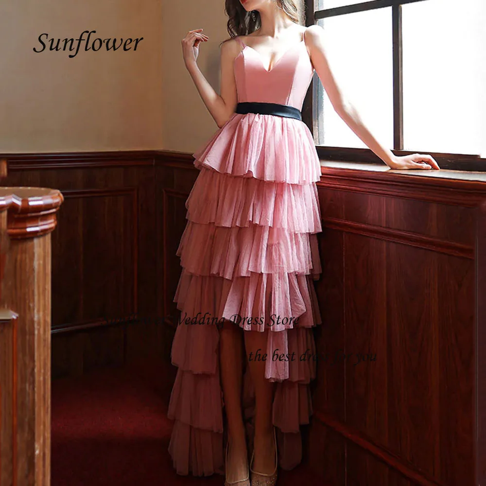 Sunflower Deep V-Neck Spaghetti Strap Formal Evening Dress 2023 Slim Tulle Tiered A-LINE Floor-Length High-end Custom Party Gown