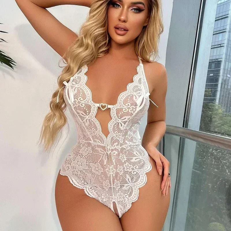 One Piece Open Bra Crotchless Underwear for Sex Lace Transparent Lingerie Plus Size Bodysuit Lenceria Erotic Mujer Sexi Costumes