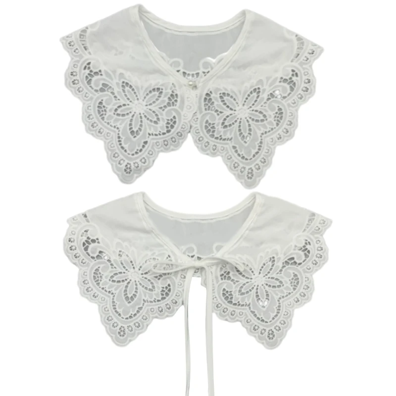 MXMB Elegant Woman Shirt Detachable Collar Breathable Lace Shawl Adjustable Rope/ Bead Buckle Sweet Hollow out False Collar