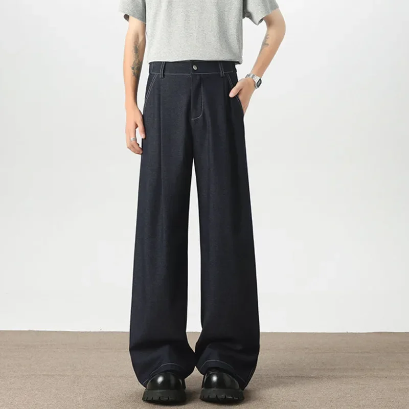 

New Spring Autumn Men Jeans-style Suit Pants Solid Color Line Design Korean Style Trousers Wide Leg Loose All-match Male Simple