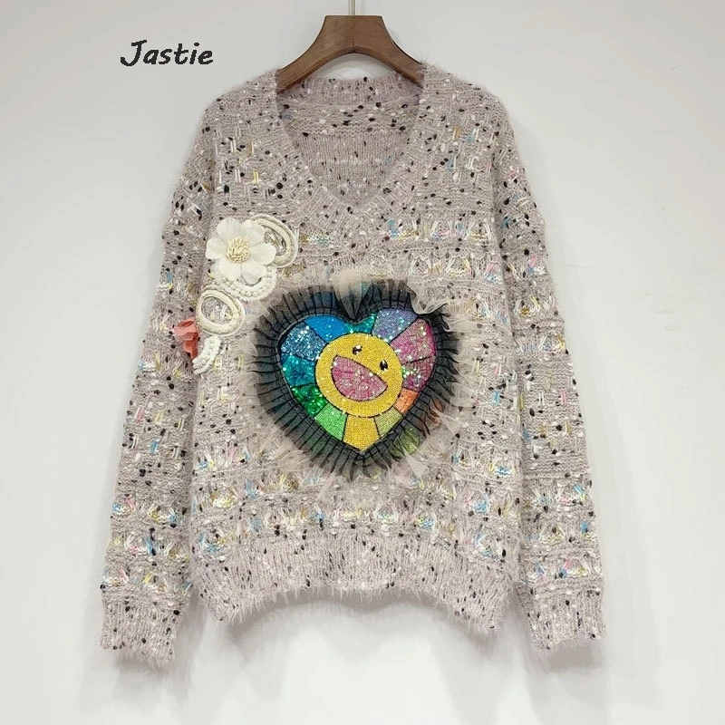 

Hree-dimensional Love Flower Sweater For Women's Winter Aautumn 2024 Valentine's Day V Neck Knitwear Pullover