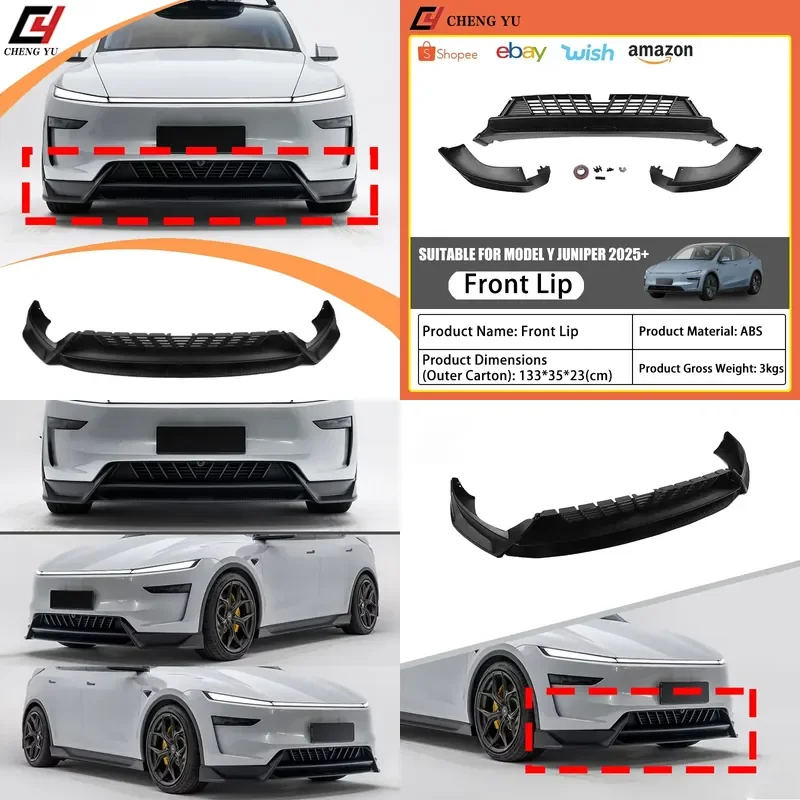 Front Lip for Tesla Model Y Juniper 2025+ Aftermarket Glossy Black Carbon Fiber Bumper Splitter Body Kit Exterior Styling