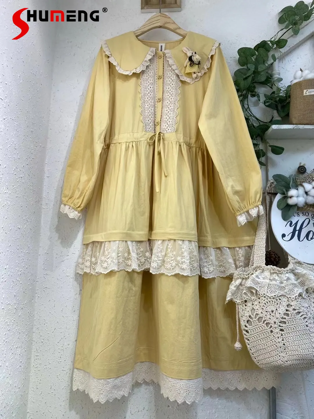 

Sweet Younger Peter Pan Collar Cotton Loose Version Waist-Controlled Long Sleeves Dress Lace Stitching Mid-length Cake Dress