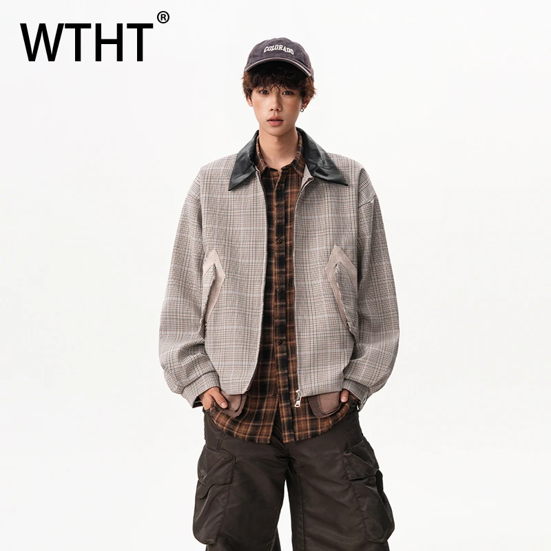 

WTHT Fashion Men's Plaid Patchwork Contrast Color Coats Trendy Turn Down Collar Loose Casual Jackets Male 2025 Autumn 2A1751