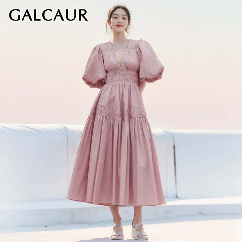 

GALCAUR Minimalist Folds Dress For Women V Neck Puff Sleeve High Waist Slimming Spliced Ruffled Summmer Long Dresses Female New