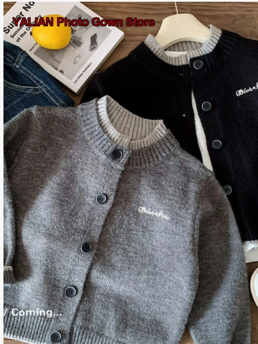 Kids Round Neck Knit Top Boys Girls Letter Print Embroidered Button Front Casual Wear