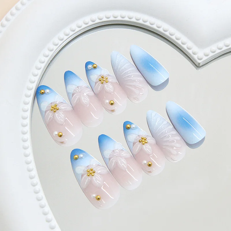 24PCS Three Dimensional Water Ripple Blue Gradient Fake Nail French European and American Ins Style Press on Nails