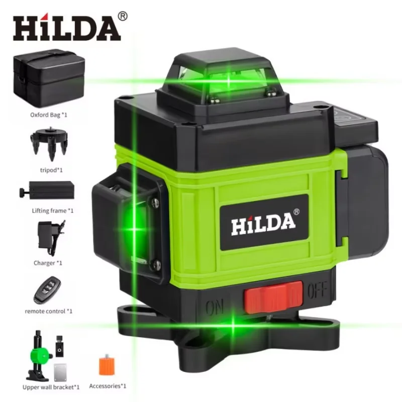 HILDA 4D 16 Lines Laser Level Green Beam 360° Horizontal Vertical Self Leveling High Brightness Cross Laser Level