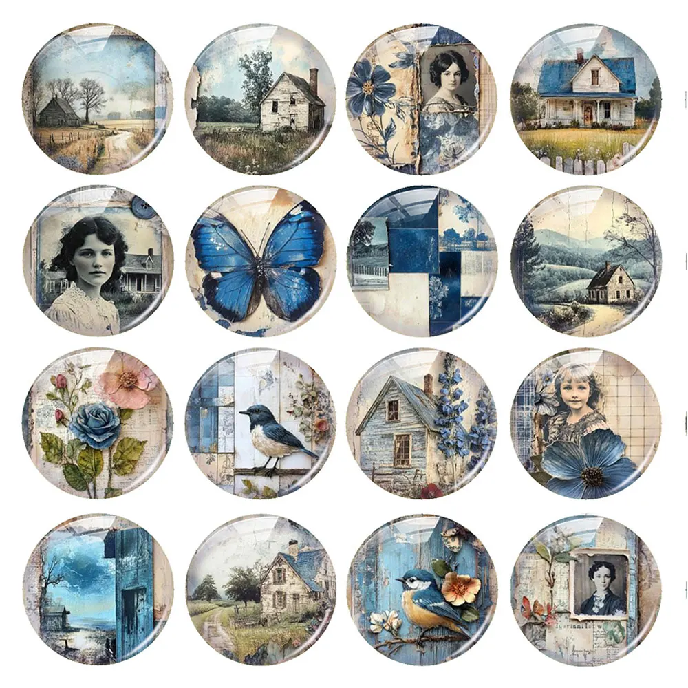 Random Mixed Round/Oval/Square Blues Country Retro Collage Girl Photo Glass Cabochon Flatback Demo Cameo For Diy Jewelry Making