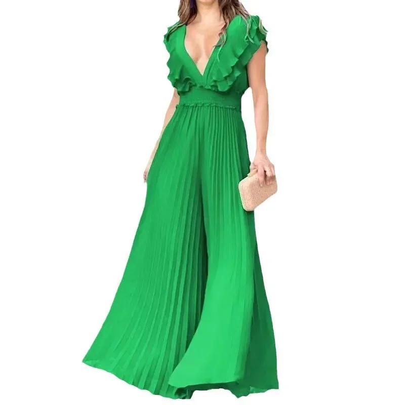

Women Jumpsuits Ruffles Sexy V Neck Rompers Overalls Wide Leg Pants Loose Fit Folds High Street Pockets Ankle Length Pleated