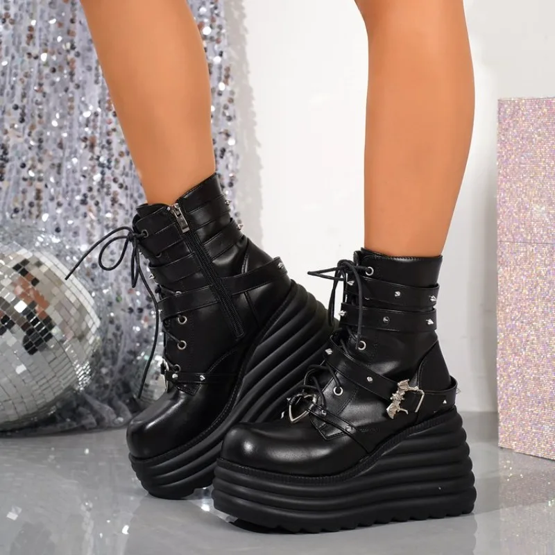 Women's Ankle Boots Round Toe High Platform Wedge Heel Lace-Up Side Zipper Gothic Punk Style Studded Strap Chunky Footwear 2026 - view 5
