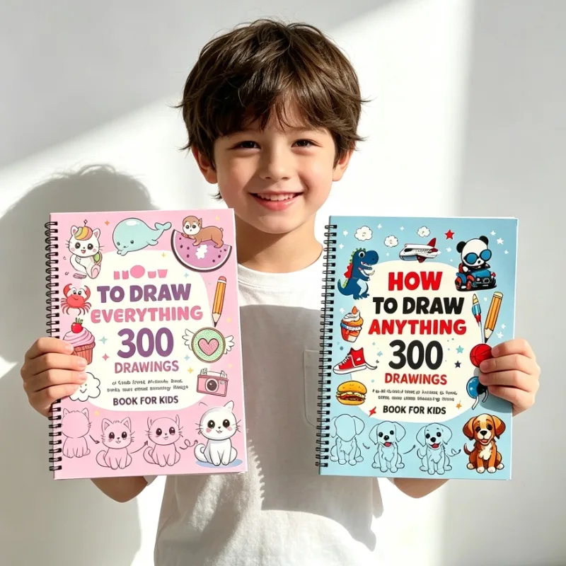 1/2Kids How To Draw Anything Book, 300 Step By Step Cute Drawing Tutorial, Spiral Sketch Activity Book for Children