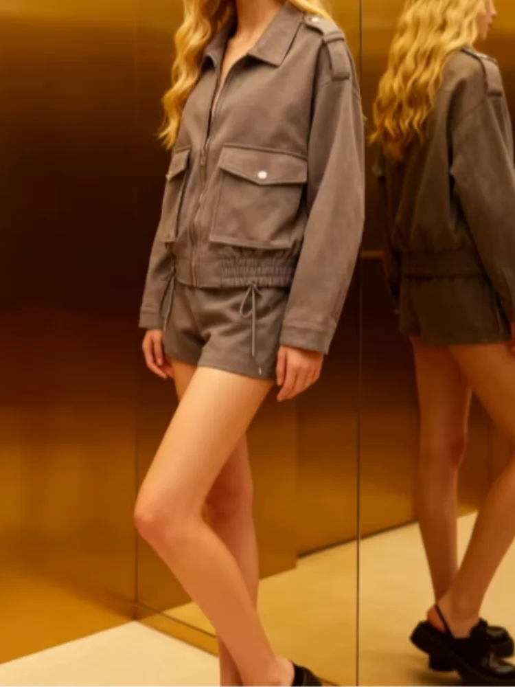 

New Suede Lapel Short Jacket Women's Early Autumn Zipper Long Sleeve Loose Coats Elegant Solid Ladies Outerwear 2025 New