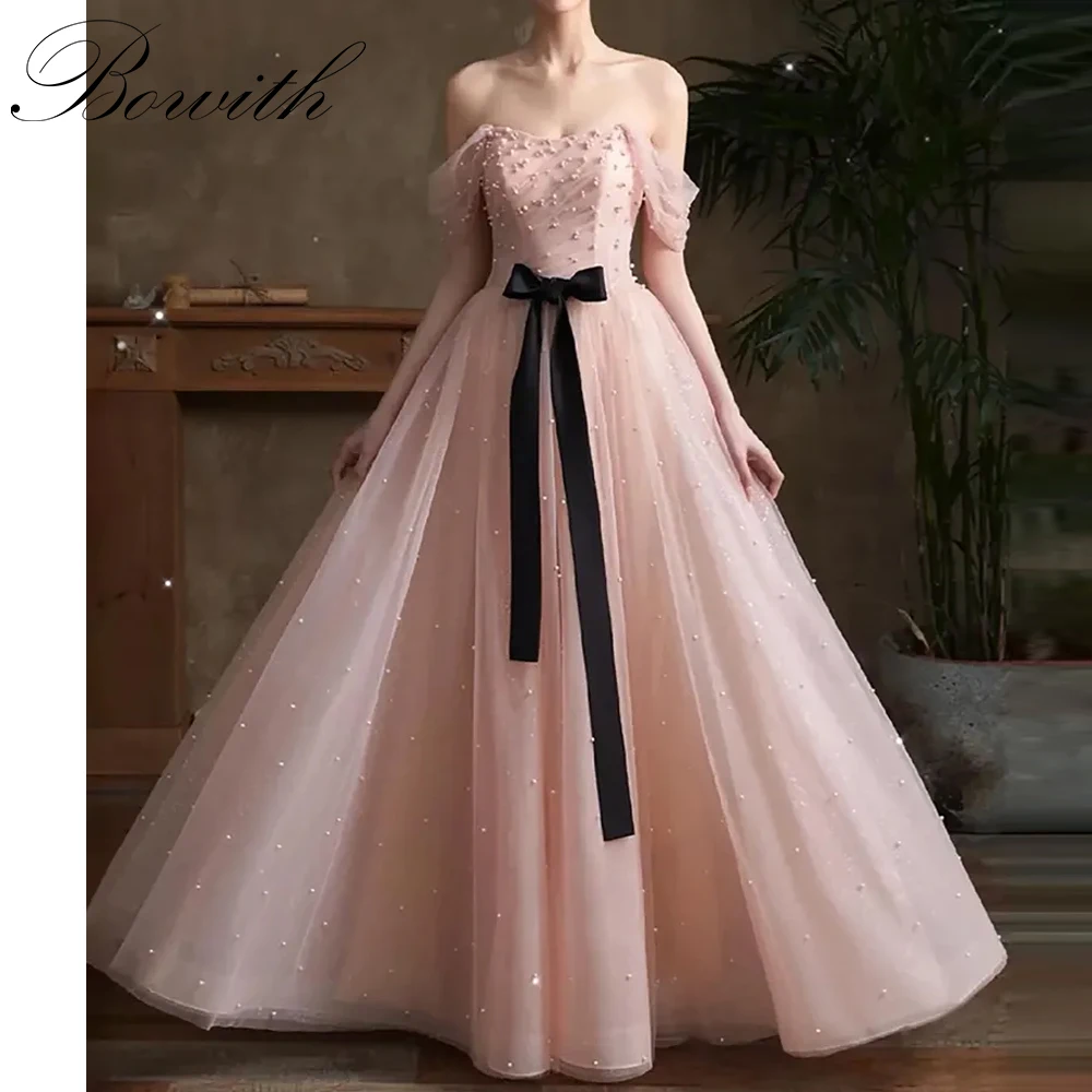 

Bowith Pink Korean Wedding Dresses Off the Shoulder Pearls Soft Tulle Bridal Gown A-Line Corset Evening Dresses Customized