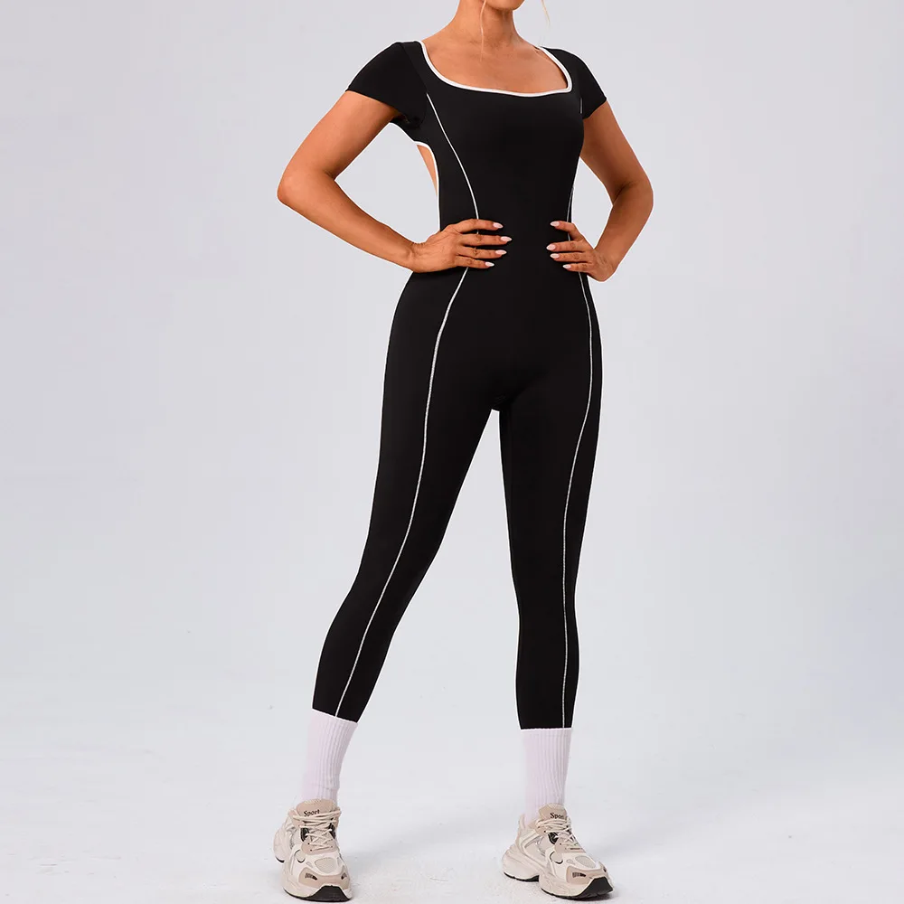 Contrast Color Open Back Yoga Jumpsuit Short Sleeve Workout Fitness Sports Romper Cloud Feeling Hip Lifting Gym Running Jumpsuit
