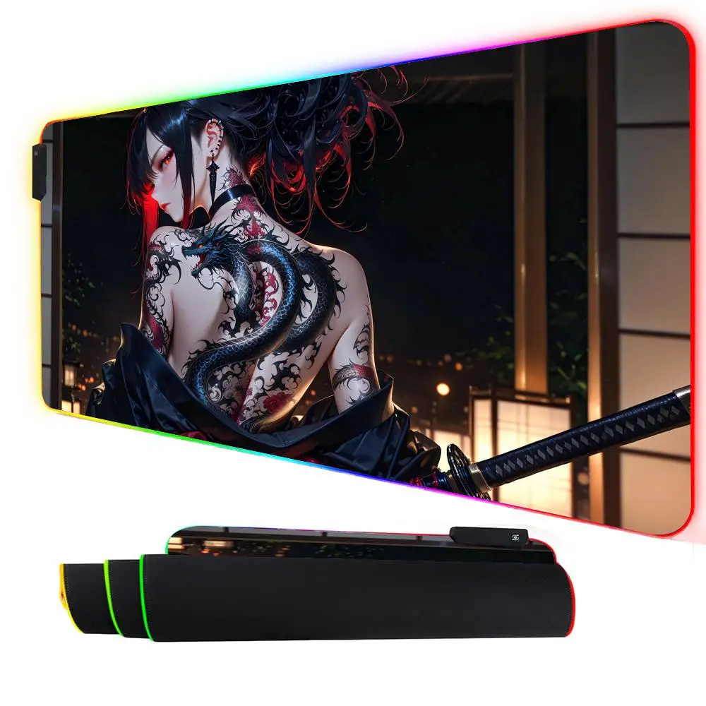 

RGB Mouse pad Girl with dragon tattoo gaming mat rubber anti-slip Desk Mat LED glow Gaming keypad mousepad gamer pc accessories