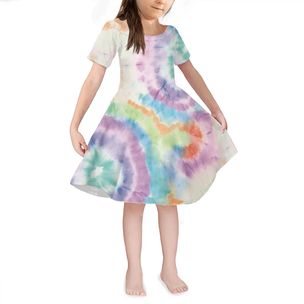 HYCOOL Summer Dress For Girls 4-14 Years Tie Dye Printing Short Sleeve Clothes Children New Fashion Maxi Party Princess Costume