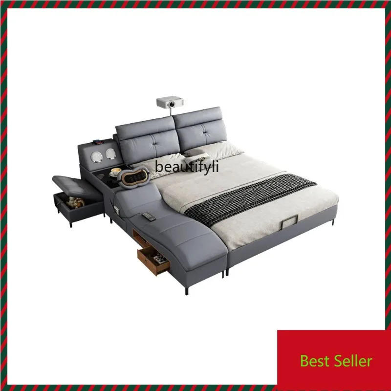 

Leather Bed Modern Simple and Light Luxury Smart Massage Tatami Bed Master Bedroom Multi-Functional Big Bed Furniture