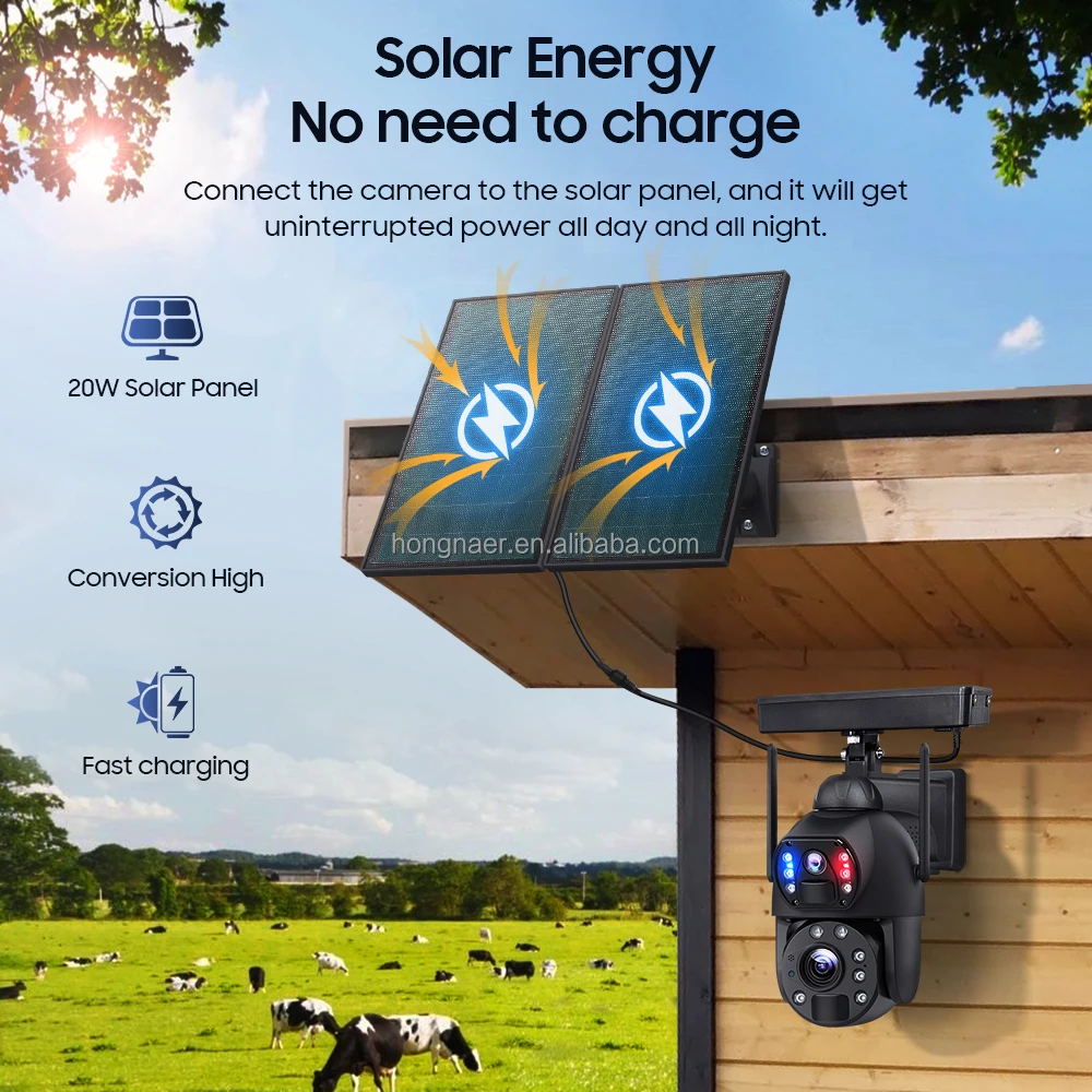 Kamera CCTV PTZ Solar Nirkabel 4G Hongnaer Mode 7/24 Zoom 20X Lensa Ganda Keamanan Luar Ruangan Kamera Solar Kartu SIM 4G