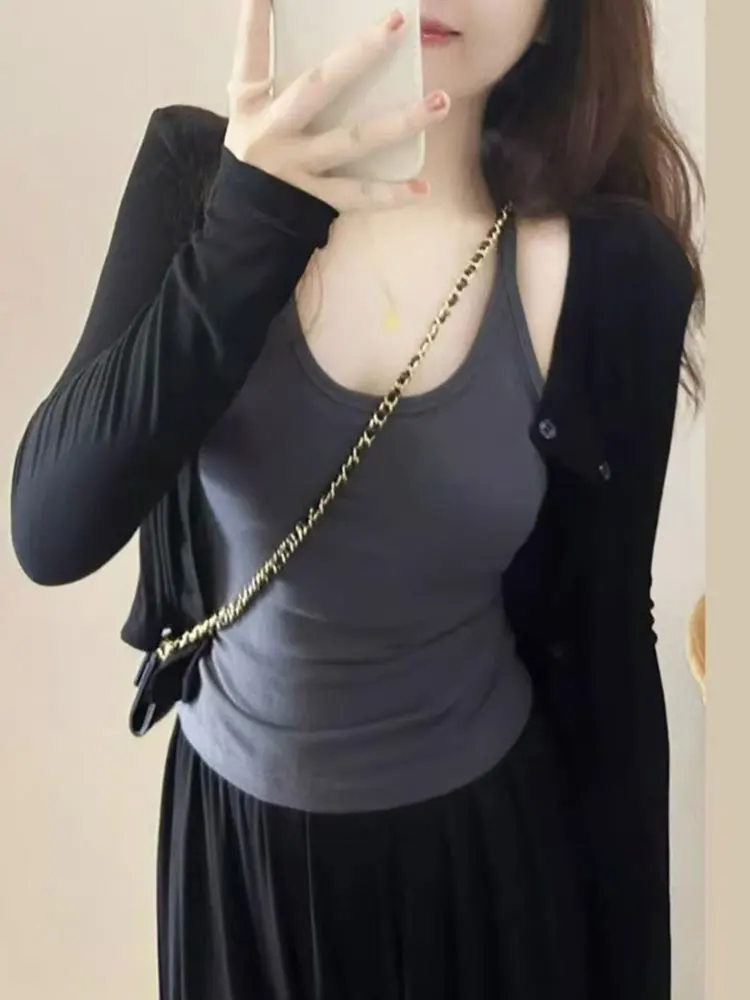 

Sun Protection Knitted Cardigan Women's Shawl Summer Match Strap Dresses Outer Coat Two-Piece Set with Small Jacket Top