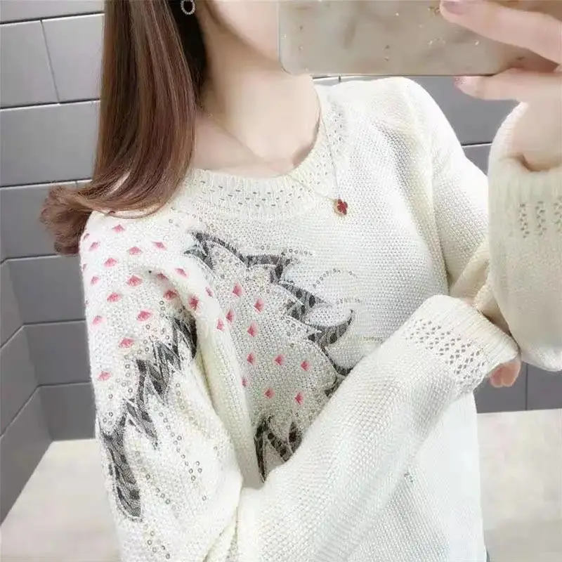 New Loose Spring and Autumn Women\'s 2024 Splicing Hollow O-Neck Fashion Embroidery Knitted Versatile Casual Long Sleeve Tops