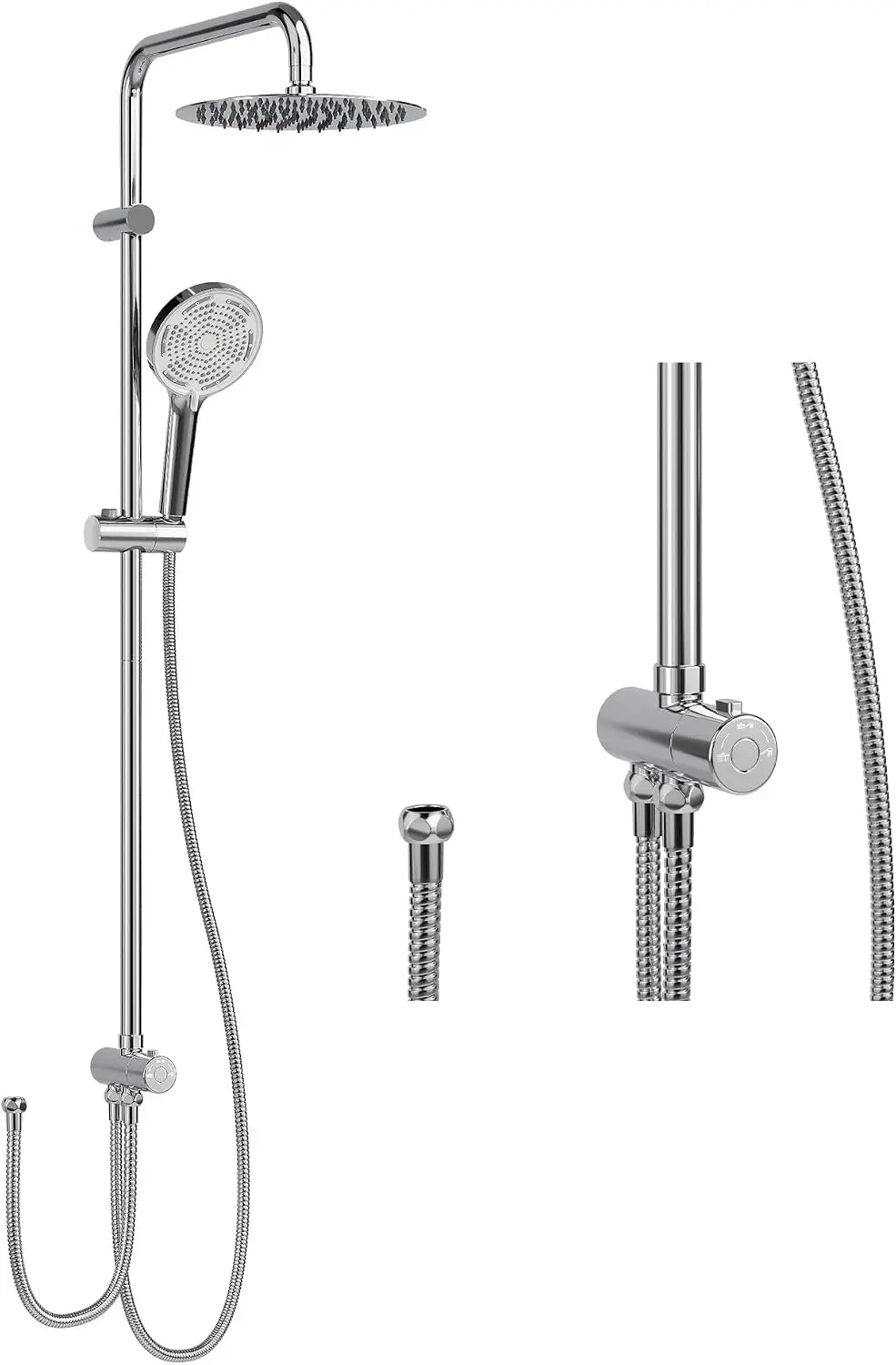 GarveeLife Sistema de ducha moderno sin grifería – Ducha de lluvia de 25 cm y rociador de mano de 3 funciones – Altura ajustable – Montaje sin perforaciones – Boquillas autolimpiantes – Acero