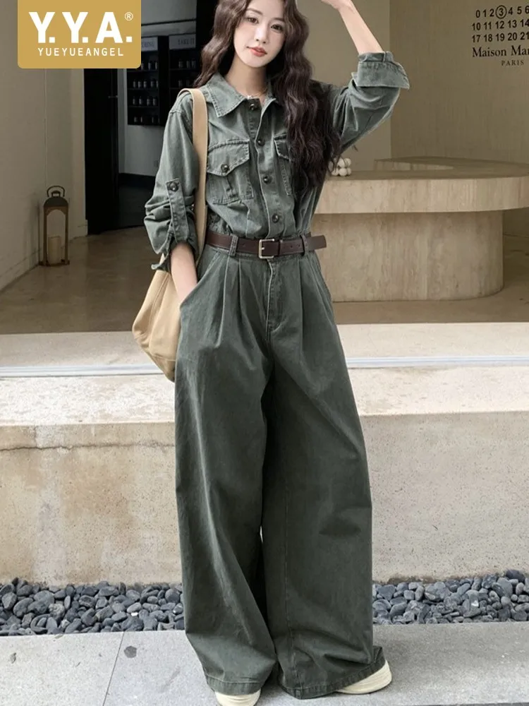 

Boyfriend Style Women One Piece Cargo Pants Long Sleeve Belted Loose Fit Wide Leg Jumpsuit Autumn New Streetwear Casual Overalls