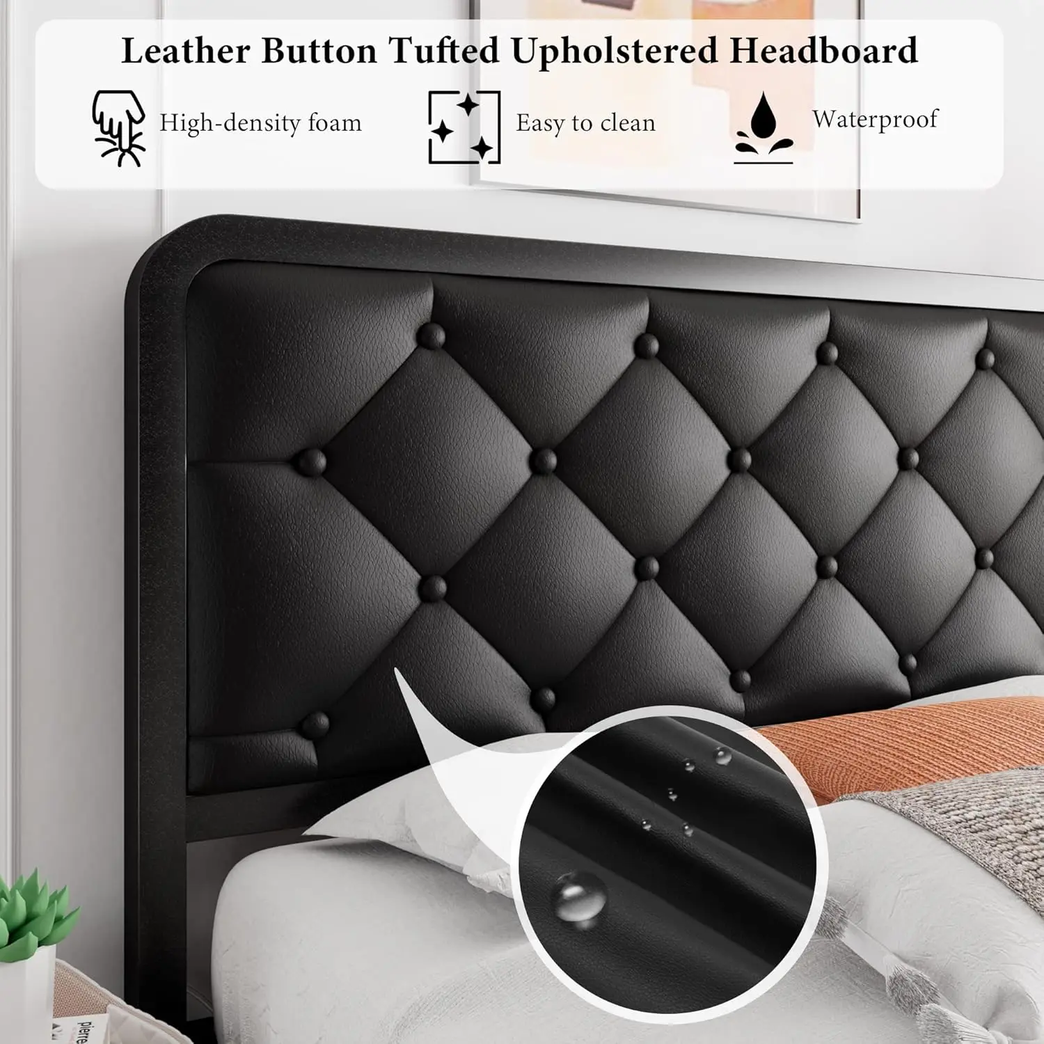 Dubbel Formaat Metalen Bedframe Met Synthetisch Lederen Hoofdeinde, Ondersteund Door Dikke Metalen Stalen Staven, Eenvoudig Te Monteren, Zwart