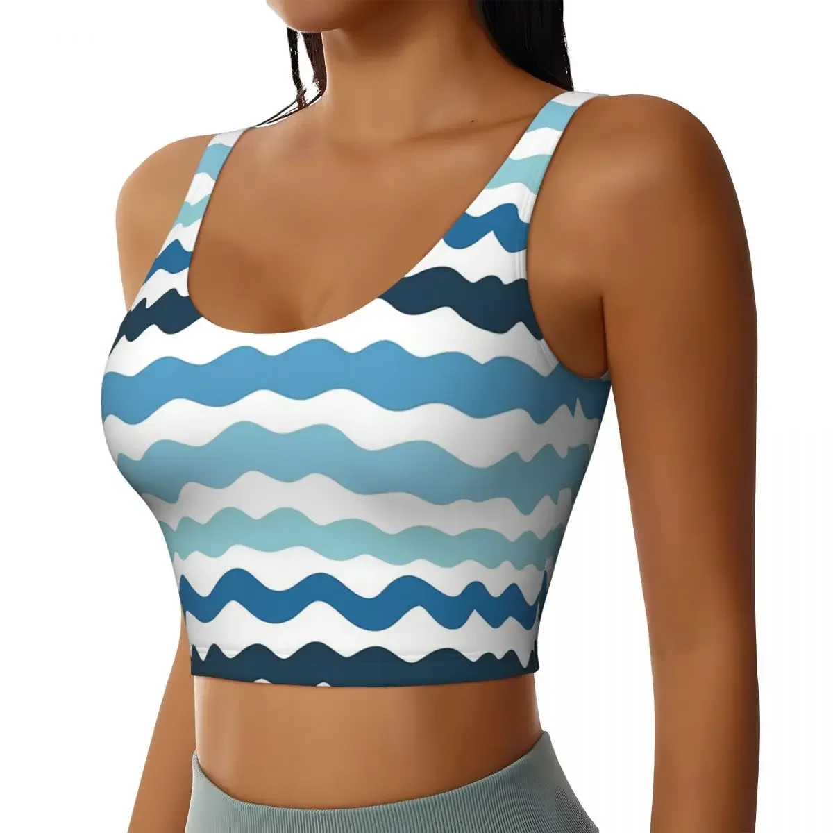 Custom Abstract Blue Wave Pattern Calm Ocean Inspired Design Women Sports Bra High Impact Vest Gym Workout Yoga Crop Tank Top