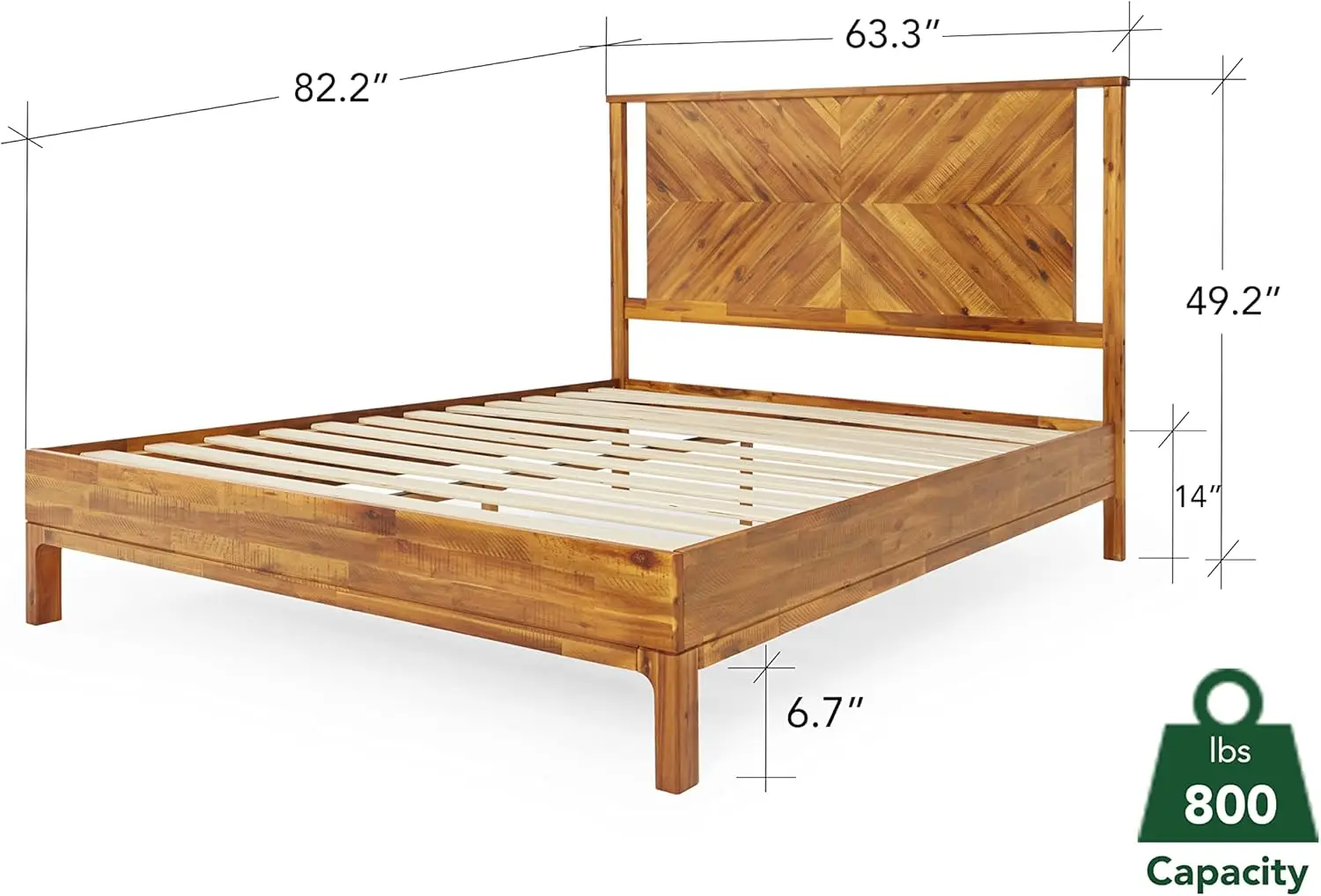 Bme Vivian 14 Inch Deluxe Bed Frame With Headboard, Rustic & Scandinavian Style With Solid Acacia Wood, No Box Spring Needed,