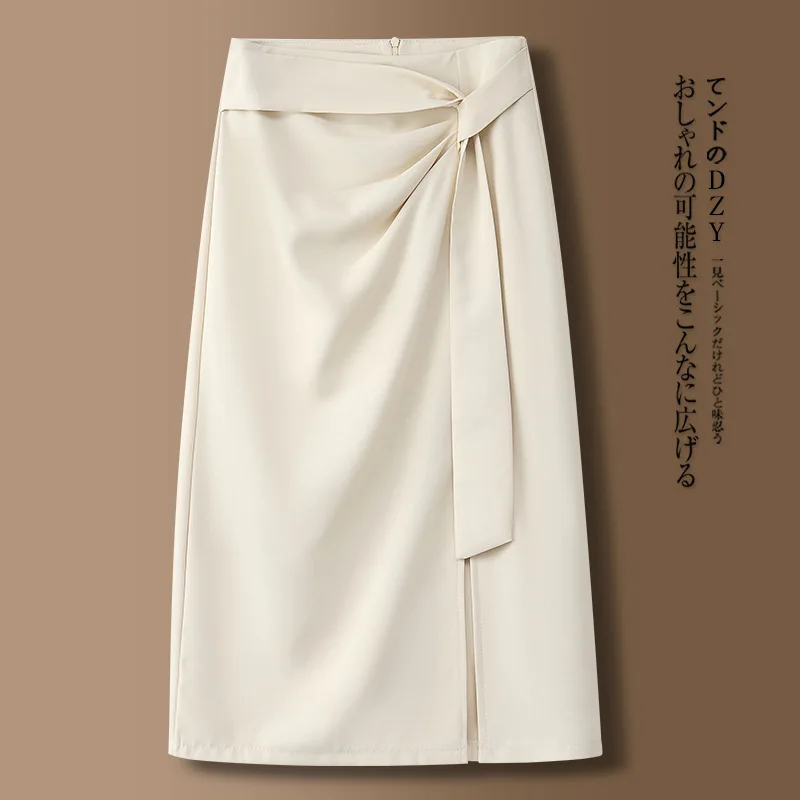 الصلبة اللون البدلة شق ميدي تنورة الصيف أزياء بسيطة القوس تصميم أنيق ألف خط تنورة #2