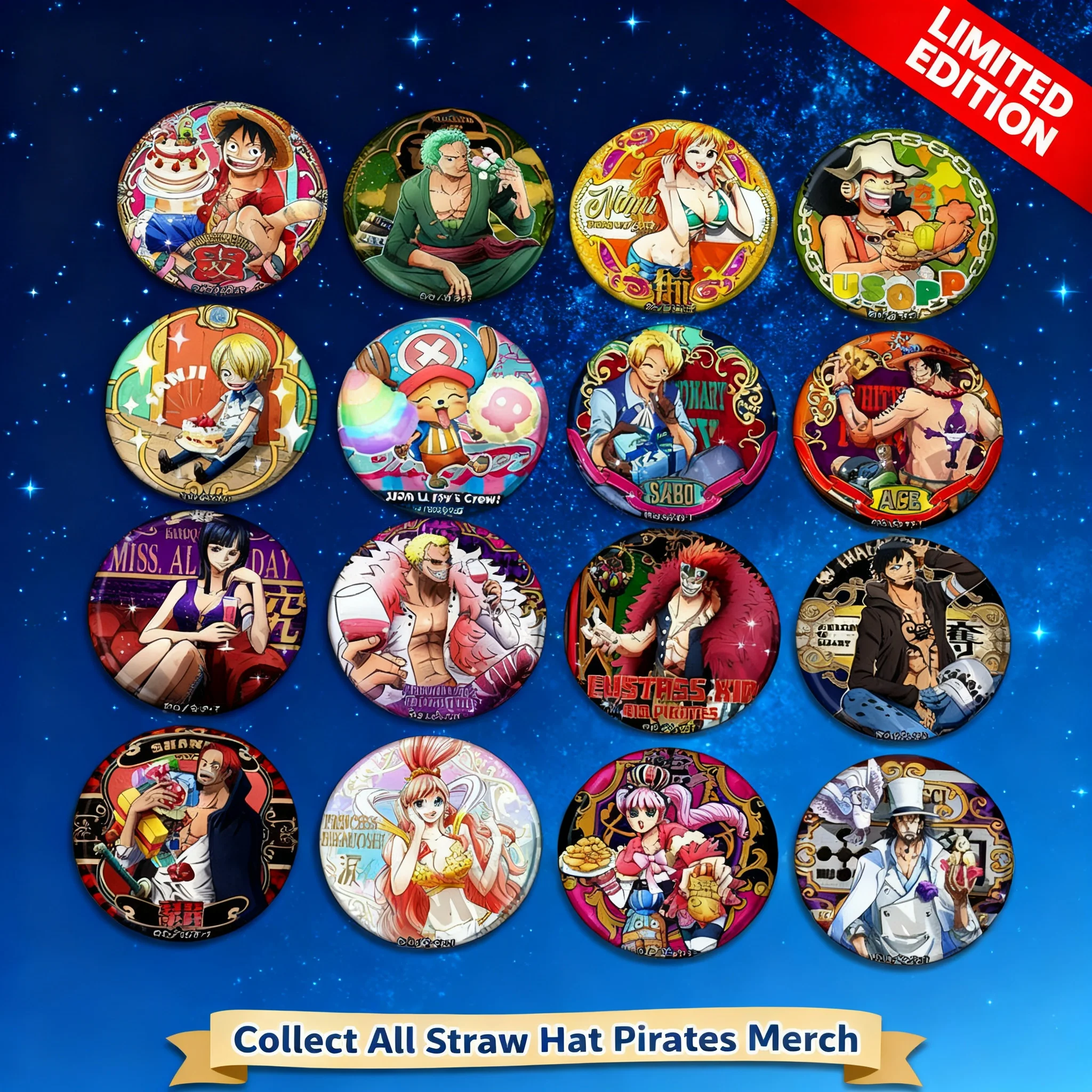 

ONE PIECE Anime Badge Pins Set Luffy Zoro Ace Shanks Chopper Cosplay Accessories Merchandise Collectible Gift for Fans Japanese