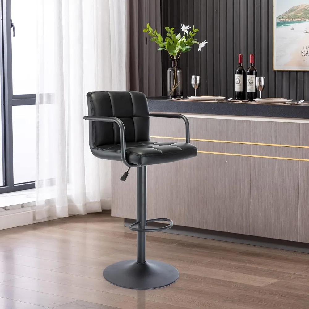 Modern PU Leather Square Bar Stool, Adjustable Swivel Barstool with Back and Arms, Airlift Counter Height Chair