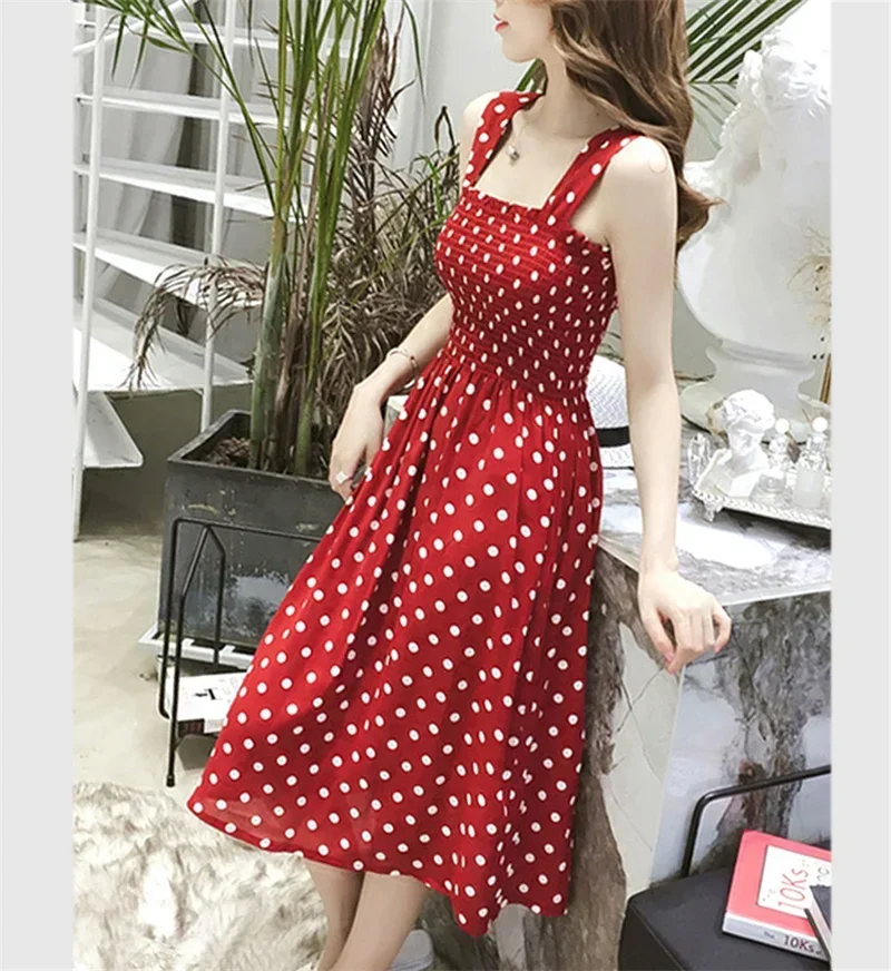 robe femme Summer Polka Dot Womens Dresses Elegant Square Neck Sleeveless Chiffon Long Dress Super Discount vestidos para mujer