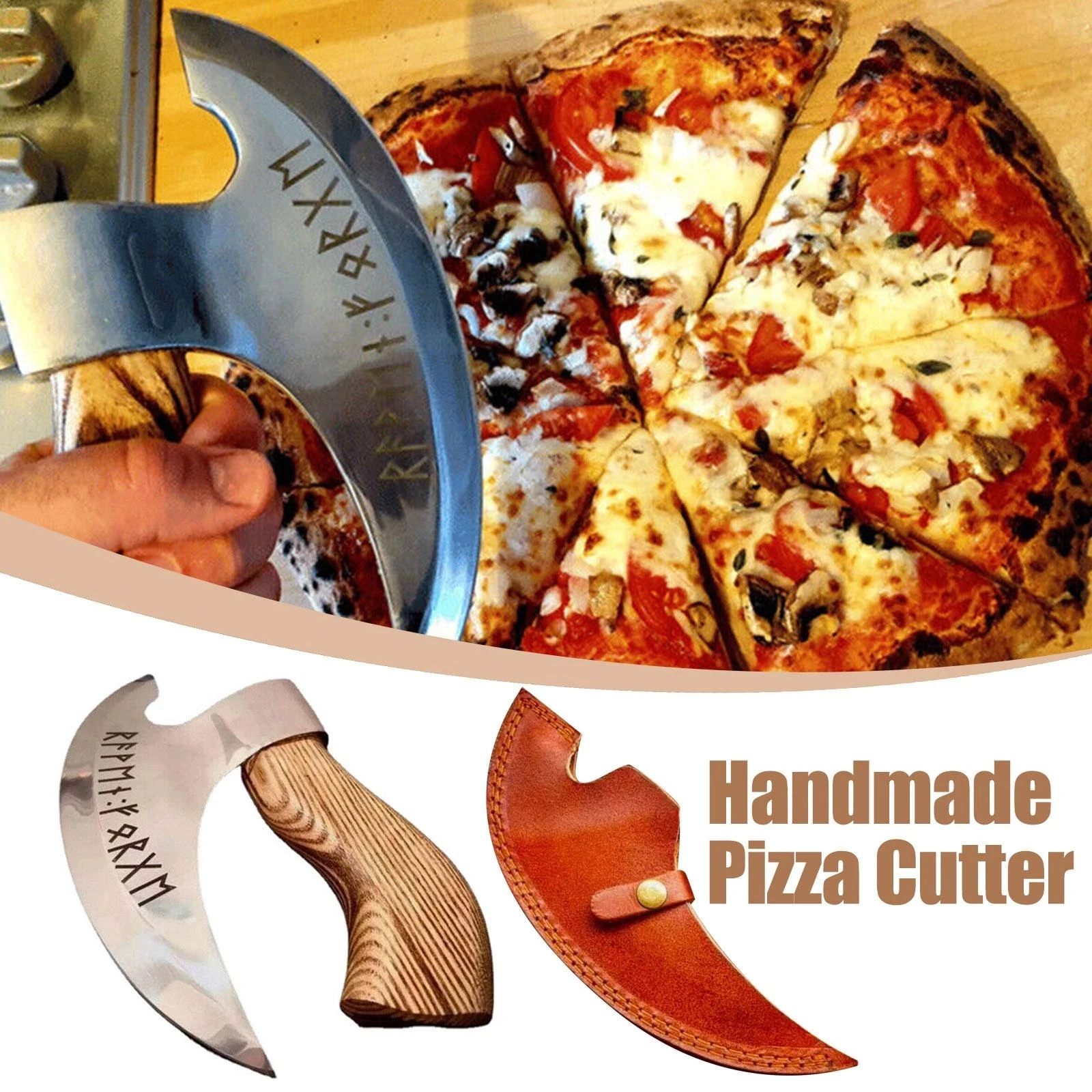 Handmade Pizza Cutting Axe Stainless Steel Viking Pizza Cutter Wooden Handle Multifunctional Pizza Axe Knife With Oblique Blade