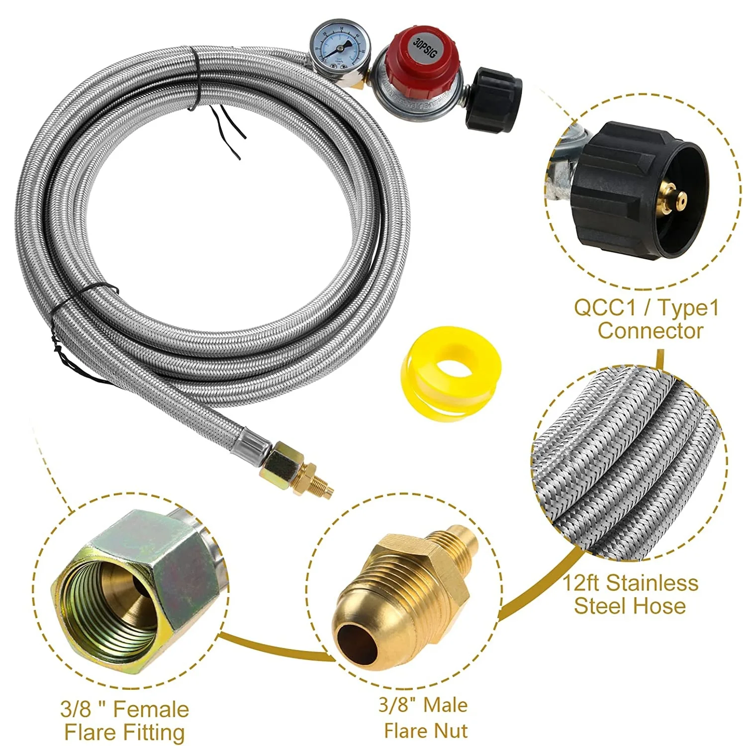 QCC1 0-30PSI Adjustable High Pressure Propane Regulator Hose 12Feet + PSI Gauge Grill 3/8