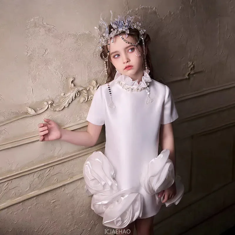 

Wed Dress 2025 Children Handmade Beaded Pearl Lace GirlsCostume Kids Formal Outfit Tutu Dresses DIY Floral Party Princess Gown