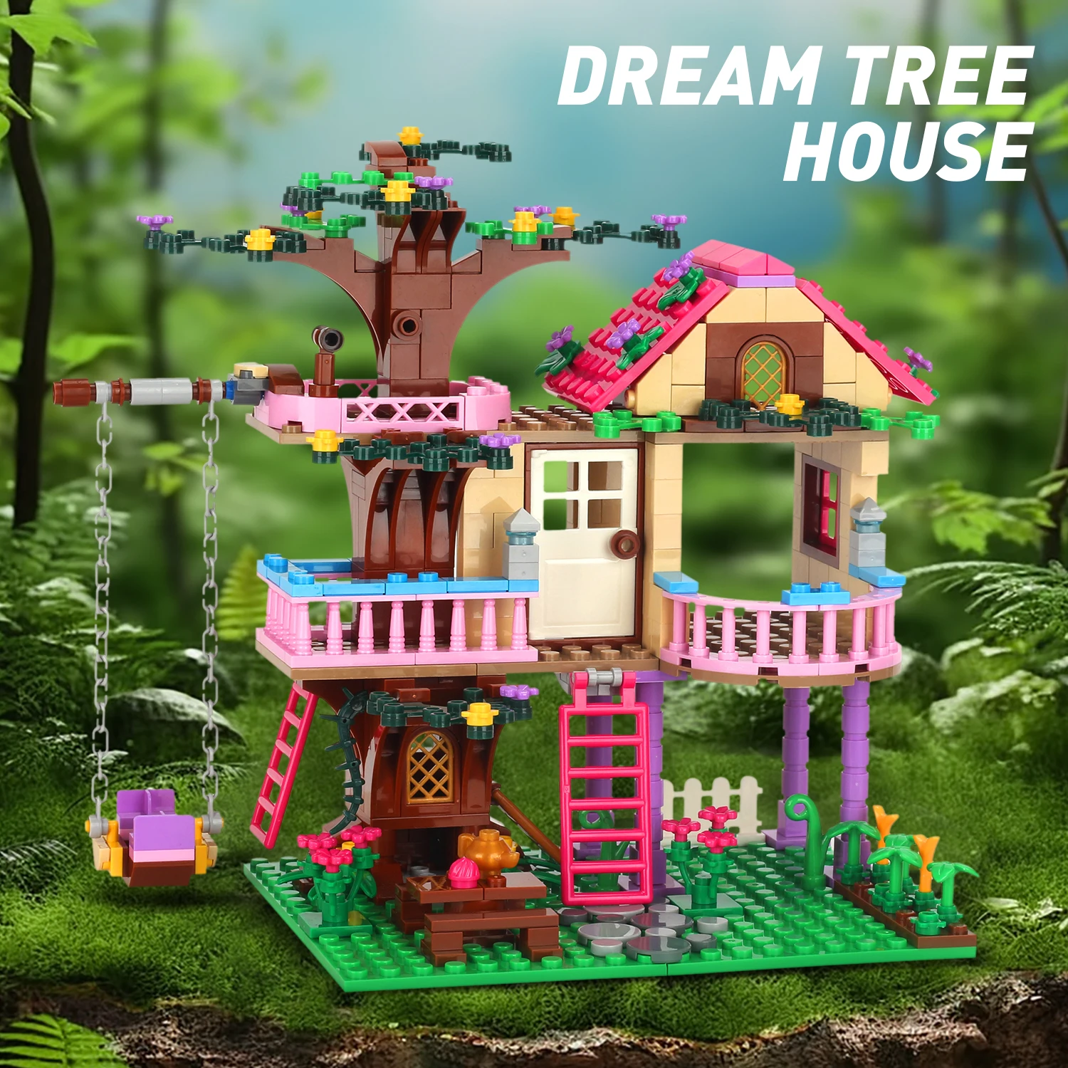 Bloques de construcción creativos MOC DIY, modelo de arquitectura de Villa de animales del bosque 3D, vista de calle, decoración del hogar, regalo perfecto para vacaciones