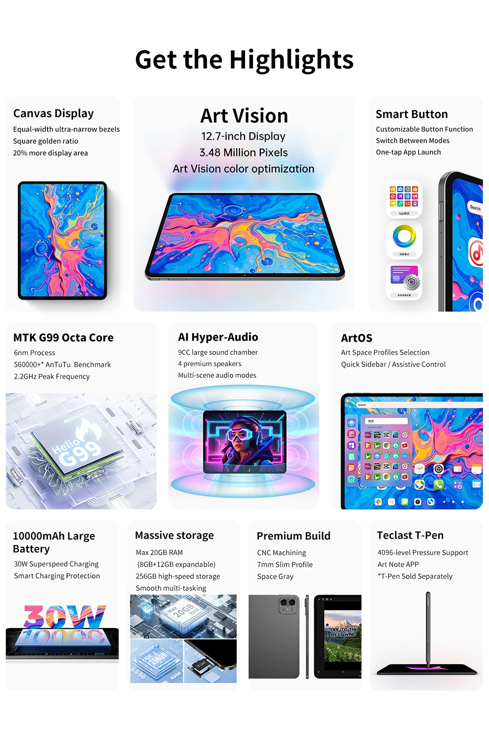 Teclast ArtPad Pro Tablets PC 12.7 inch MediaTek Helio G99 8GB RAM+256GB ROM 2.2K Ultra 10000mAh 30W 4G LTE Android 15